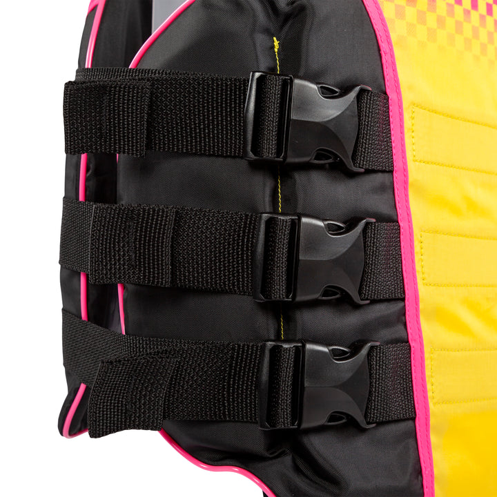 View of Yellow Black Vintage life vest buckles