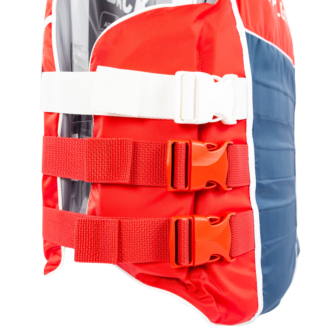 View of the side buckles for the Jetpilot F-86 Sabre Nylon Red/Blue colorway.