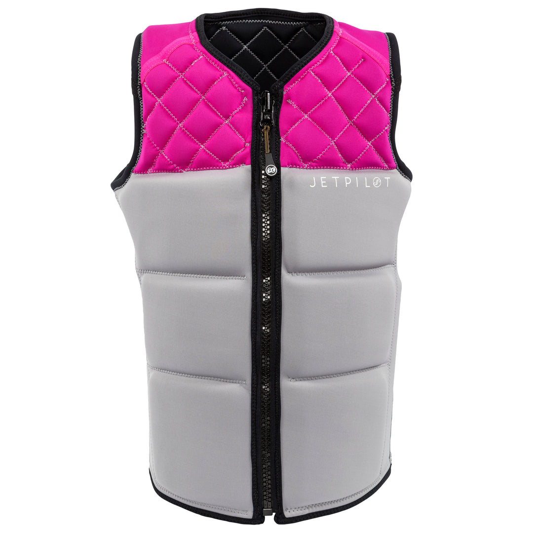 Front view of the Wave Farer comp vest reversible side silver pink colorway. #color_black