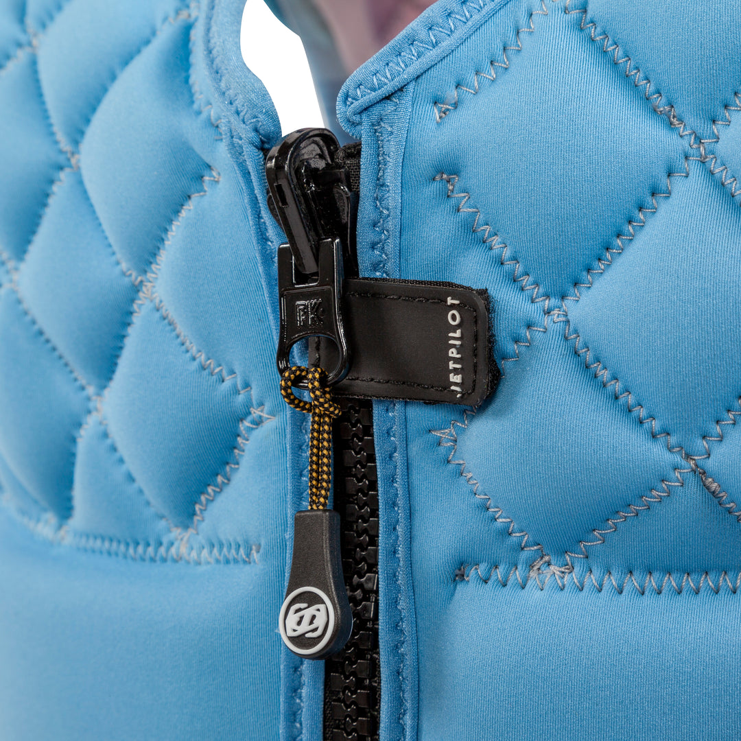 Closeup view showing the zipper of the Wave Farer Comp vest Wave Blue colorway.