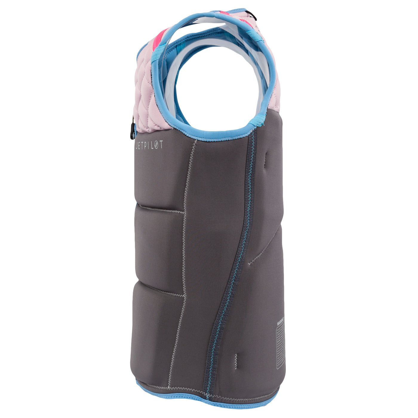 Side view of the Wave Farer comp vest reversible side Charcoal pink colorway.