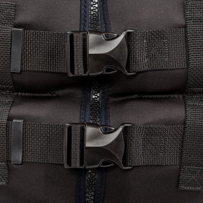 Close up view of the dual buckle system. #color_black-silver