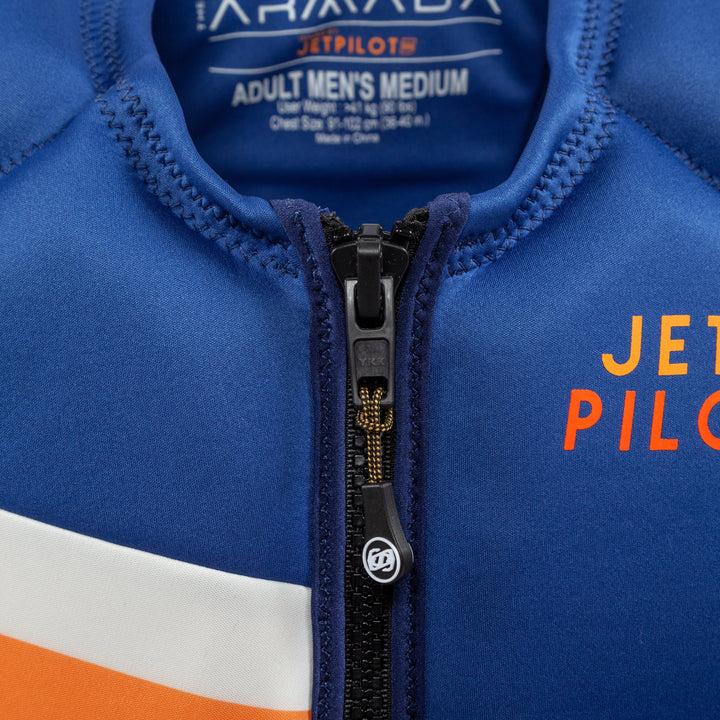 Close up view of the YKK zipper. #color_blue-orange