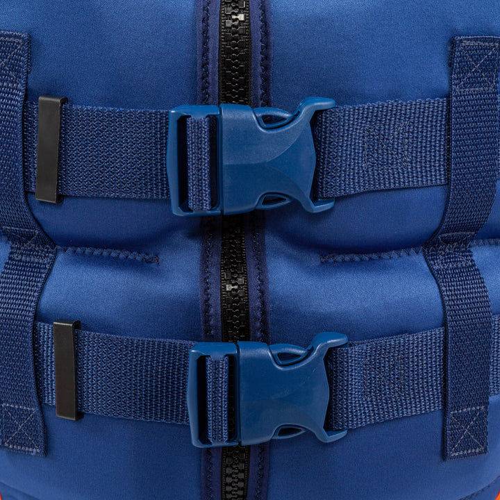 Close up view of the dual buckle system. #color_blue-orange