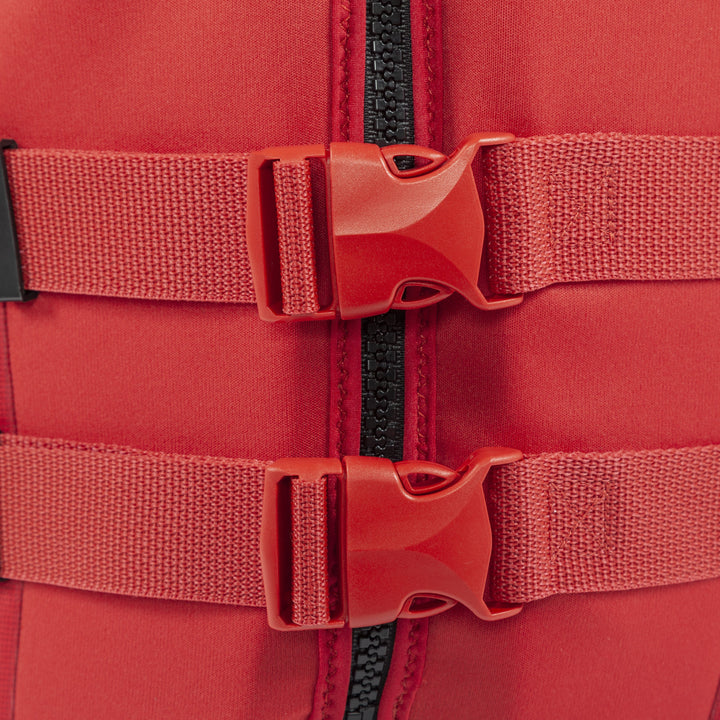 Front image showing the dual front buckles for the Jetpilot Fleet in the red colorway.