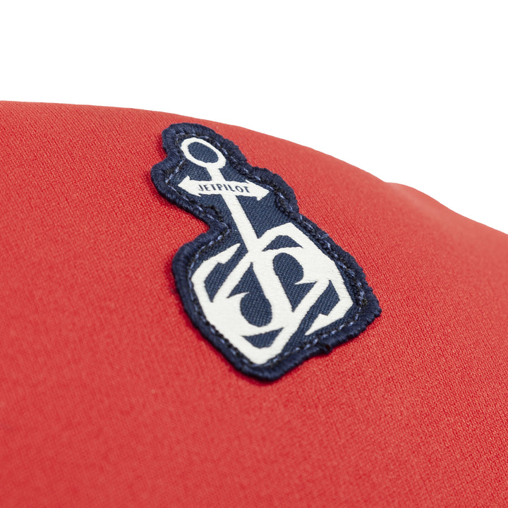 Close up image of the Jetpilot Fleet in the red colorway showing the logo.