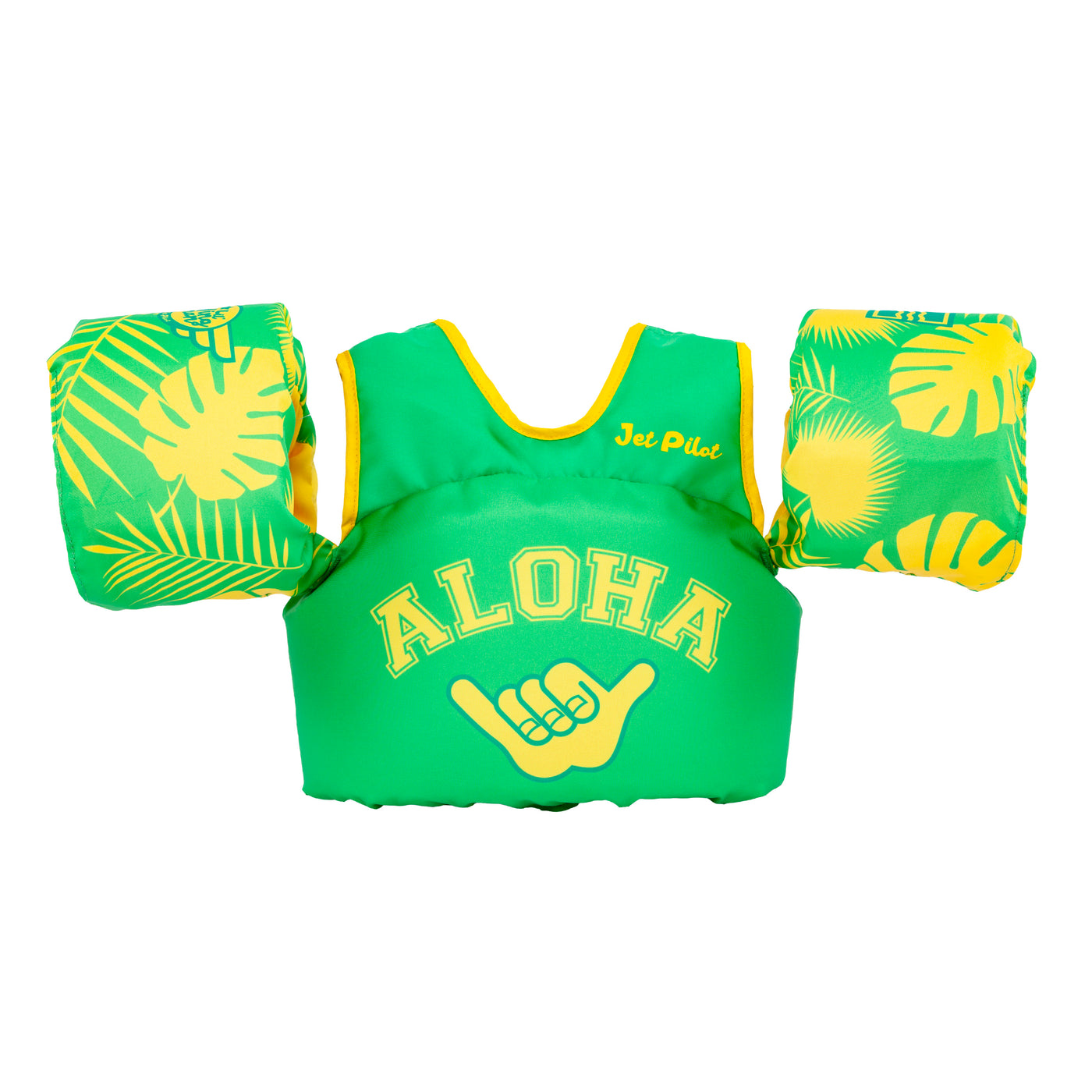 Front view of the Jetpilot Lil Wing Man Infant swim vest Aloha colorway