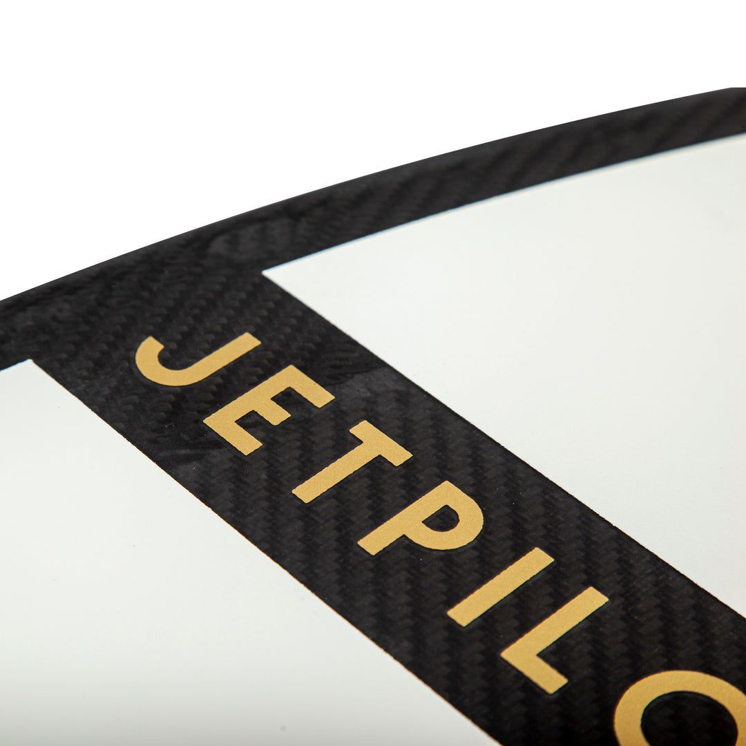 Closeup shot of the rail of the Jetpilot Black Flag wake surfboard.