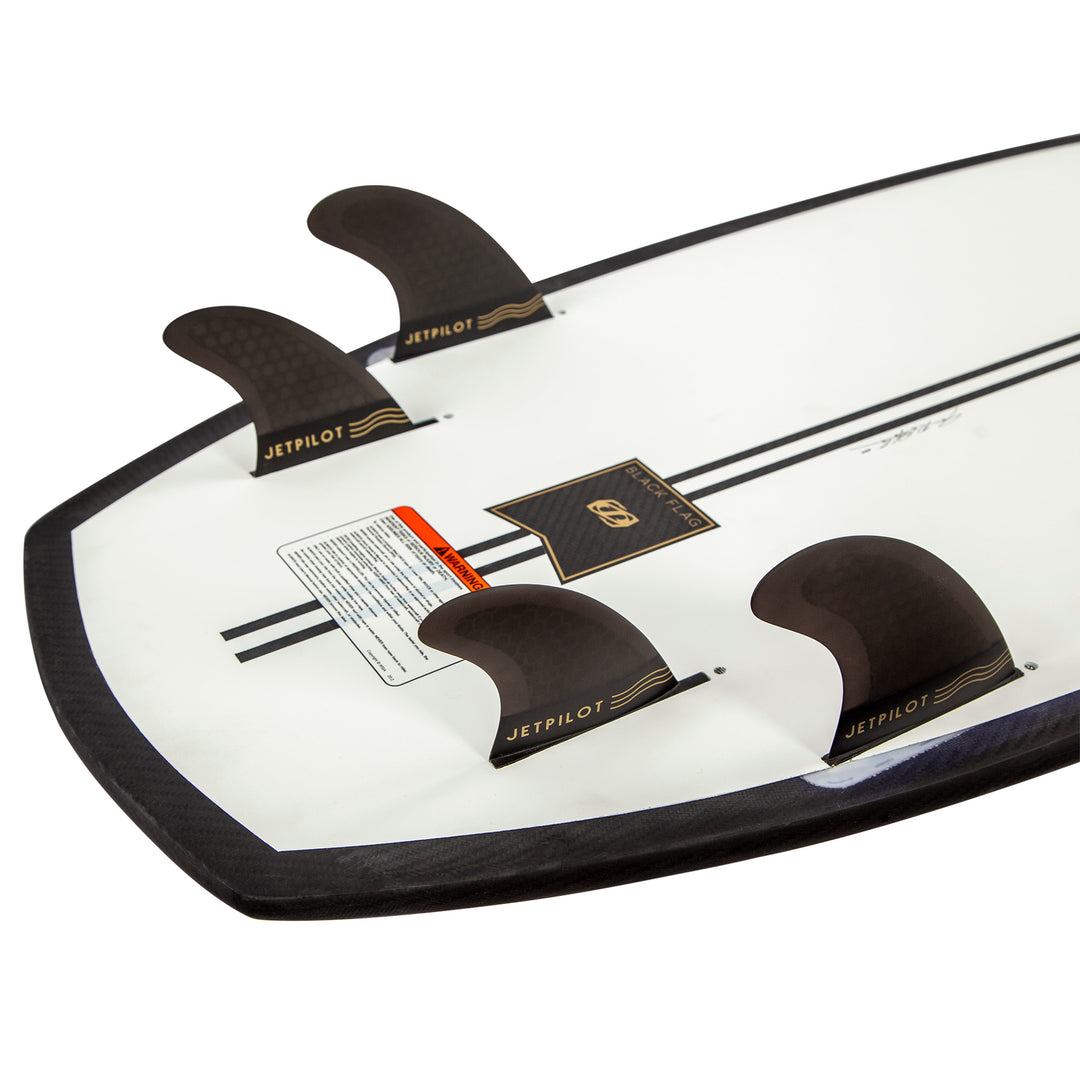 Image of the quad fin setup for the Jetpilot Black Flag wake surfboard.