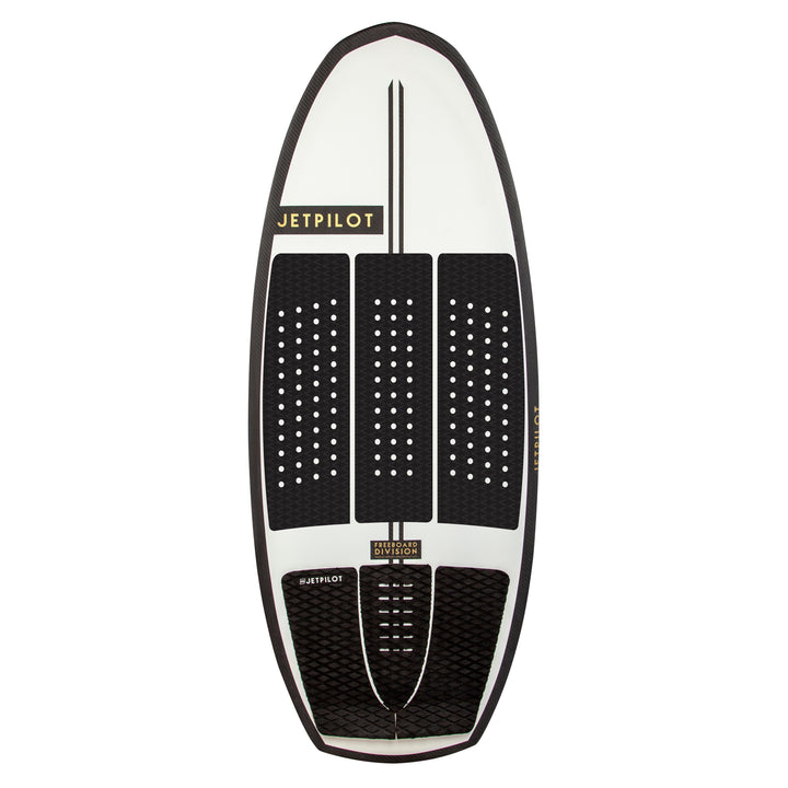 Front image of the Jetpilot Black Flag wake surfboard with traction pads..