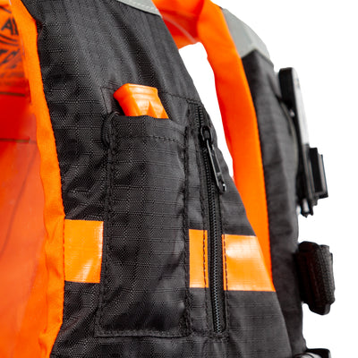 View of the Jetpilot L.R.E. Navigator Nylon life vest Black Orange colorway whistle. #color_black-orange
