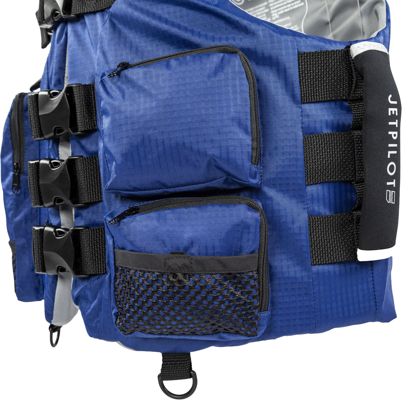 View of the Jetpilot L.R.E. Navigator Nylon life vest Navy Grey colorway side handles.