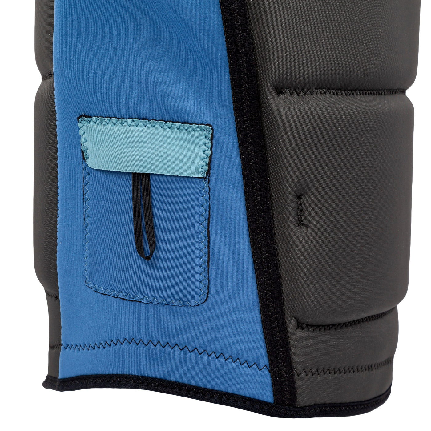 Closeup view of the Jetpilot Freeboard Ayala Comp Vest side pocket. #color_ayala-blue