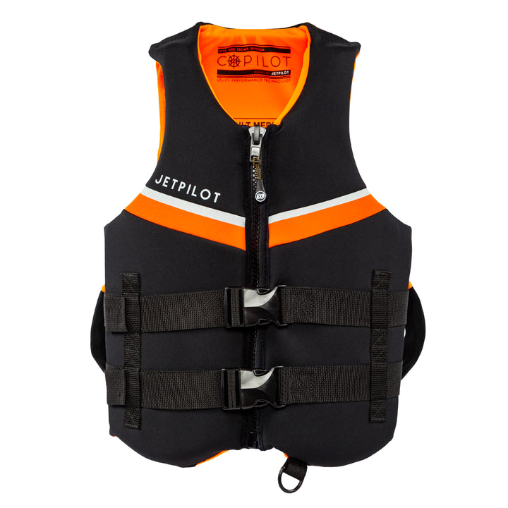 Front view of the Jetpilot LRE Copilot Neoprene CGA Vest. #color_black-orange
