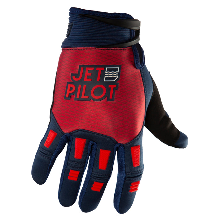 Front view of the Jetpilot Hold Fast Full Finger Glove. #color_blue-red