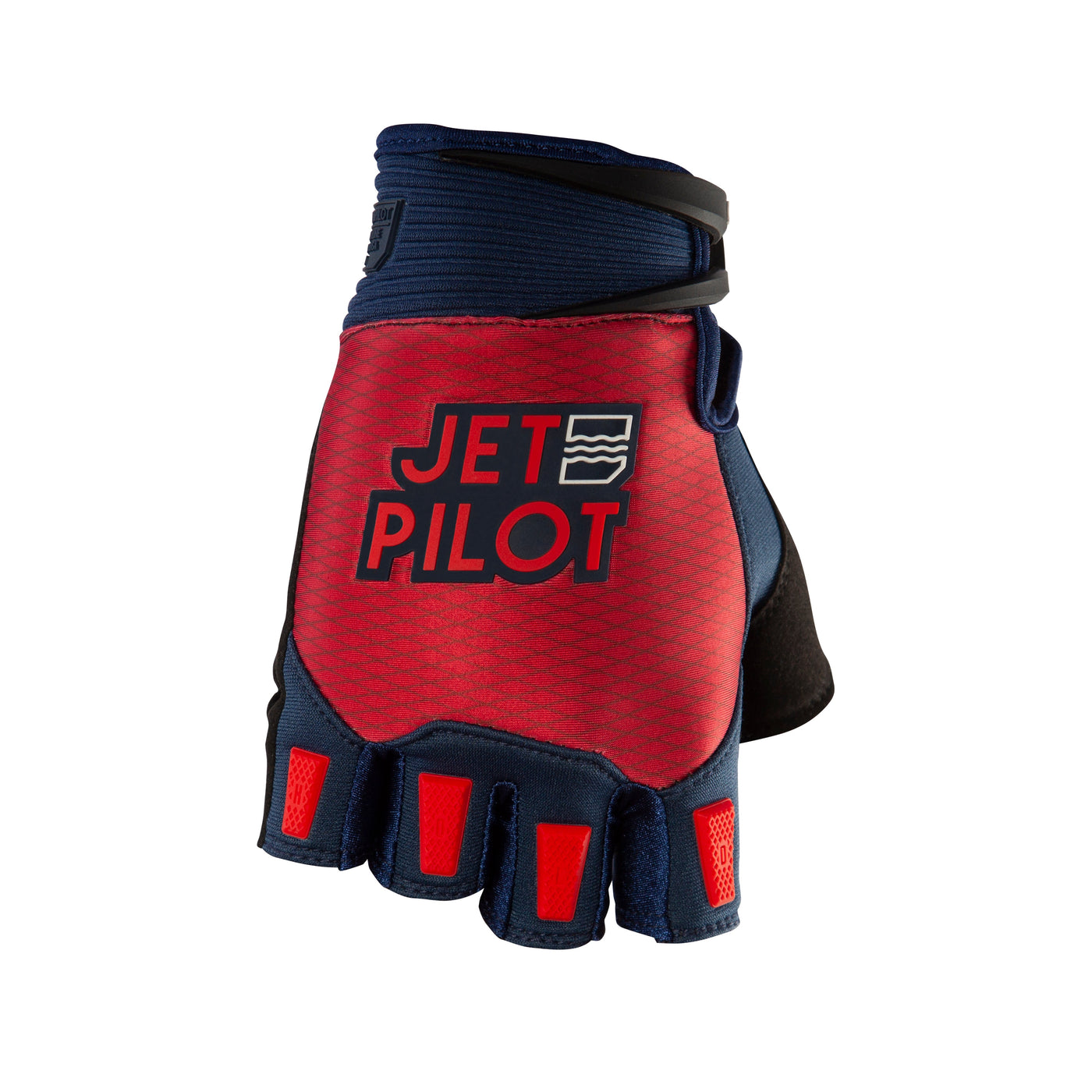 Front view of the Jetpilot Hold Fast Short Finger Glove. #color_bllue-red