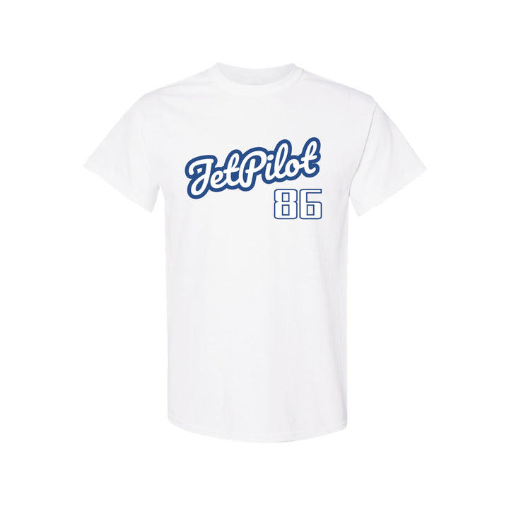 Front image of the white Baller tee