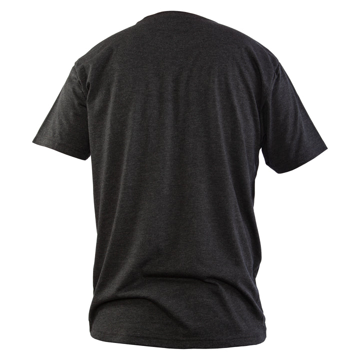 Rear view of the black heather vintage class tee.