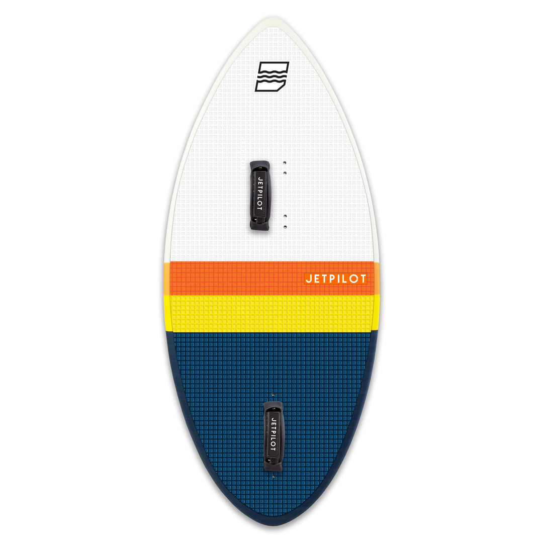 Front view of the Jetpilot Glass Slipper Wake Surfboard with the foot straps attached.