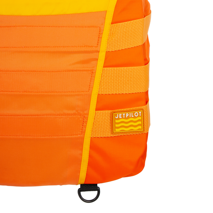 Front view of Orange White Vintage life vest  showing the hiding  straps and D ring