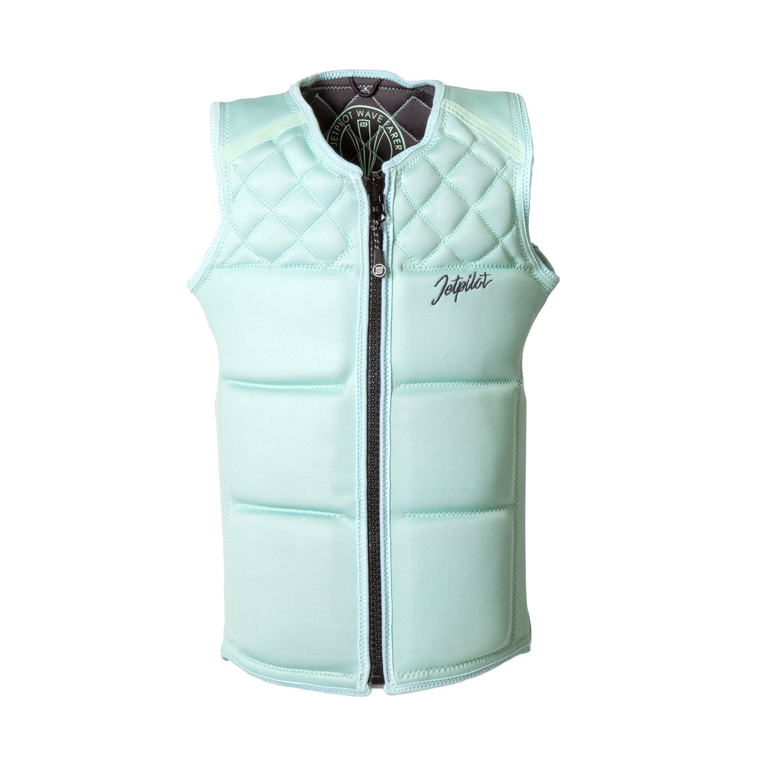 Front view outside of the Wave Farer comp vest in the Steel color mint-charcoal