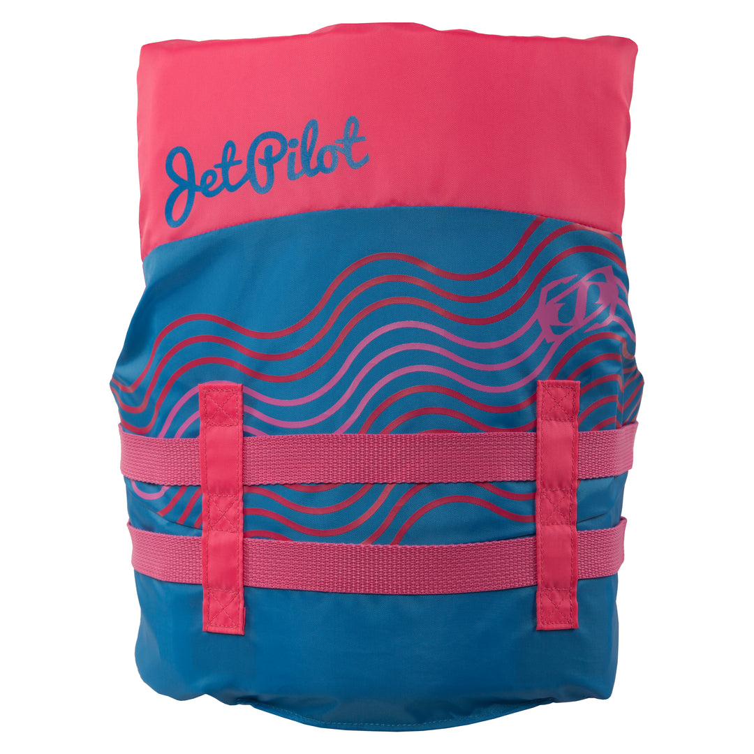 Rear view of the Youth Pistol life vest in the Pink Blue colorway.