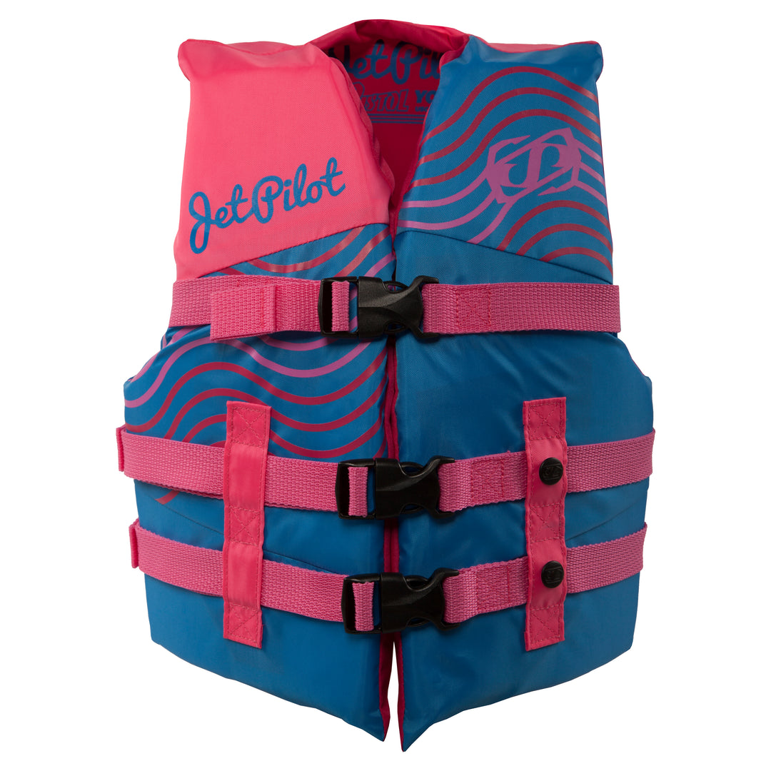 Front view of the Youth Pistol life vest in the Pink Blue colorway.