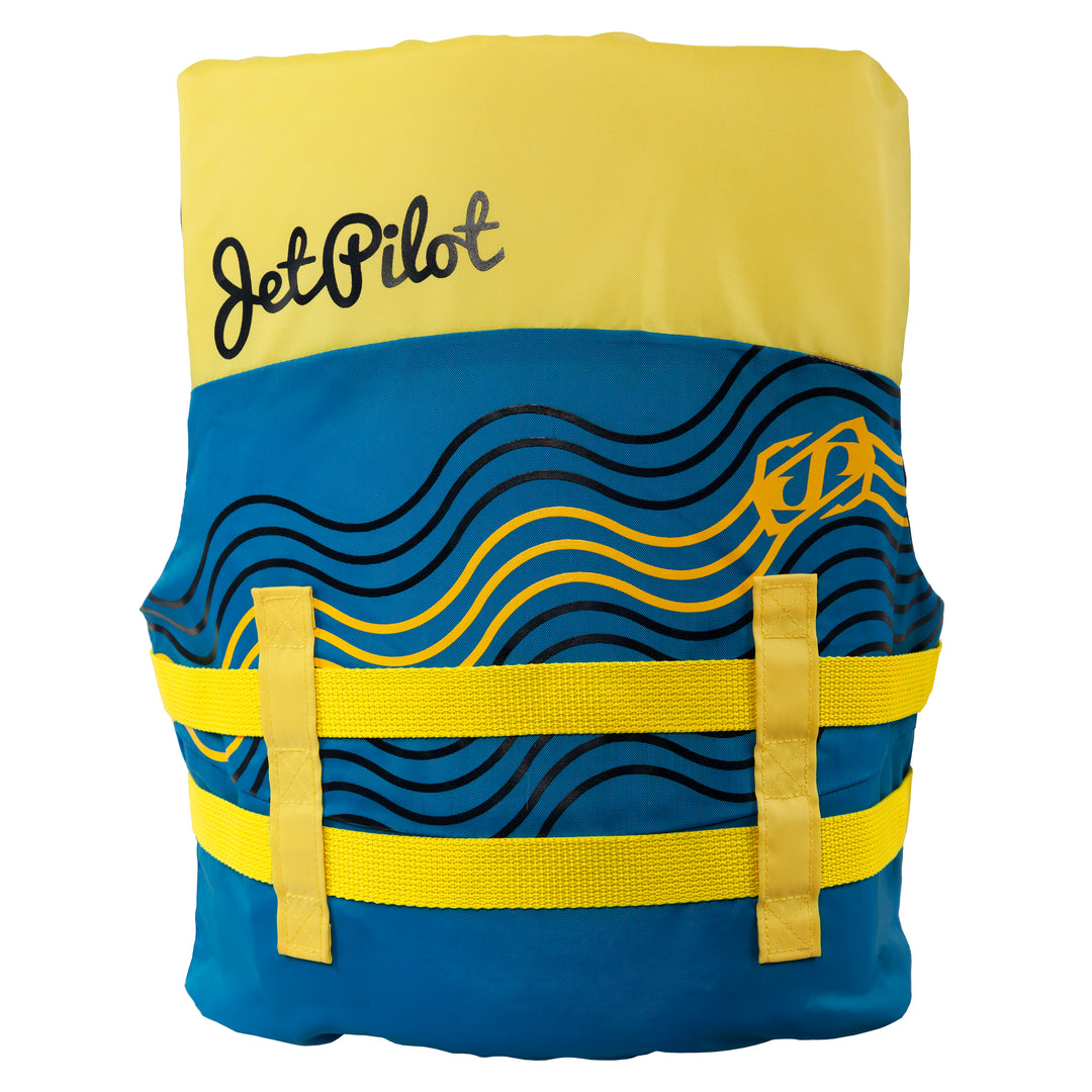 Rear view of the Youth Pistol life vest in the Yellow Blue colorway.