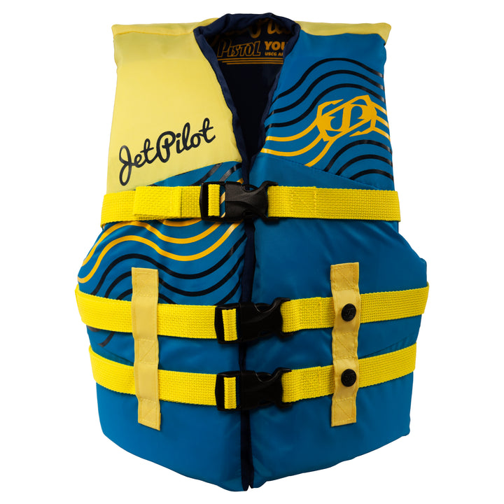 Front view of the Youth Pistol life vest in the Yellow Blue colorway.