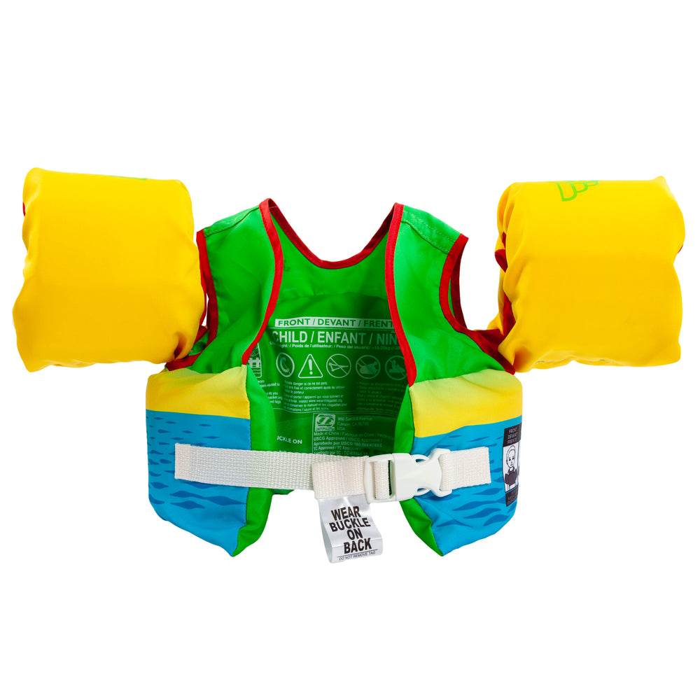 Rear view of the Jetpilot Lil Wing Man Infant swim vest Dino colorway.