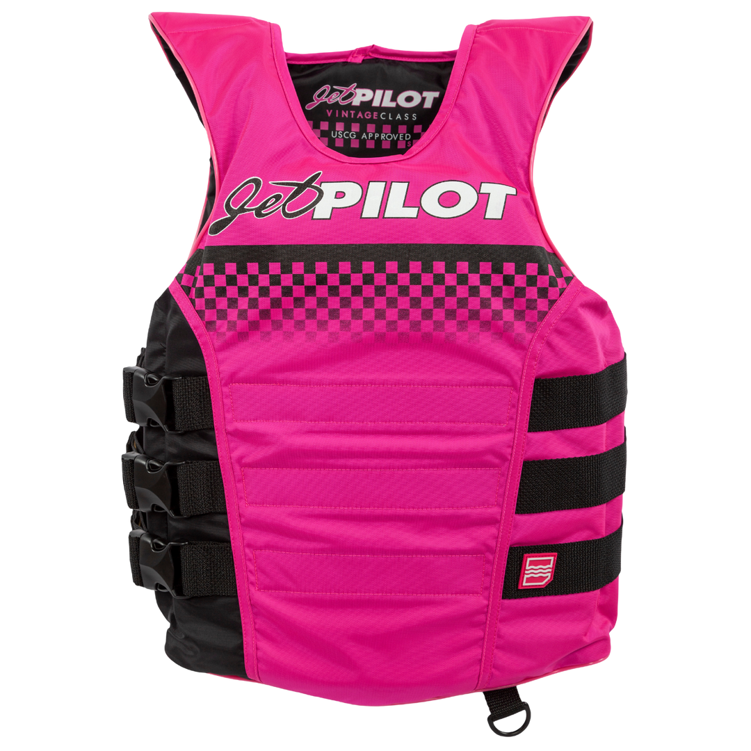 Front view of Pink and Black Vintage life vest