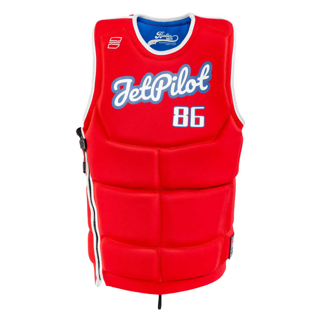 Front view of the Red Bonifay Baller Comp Vest. #color_red-blue