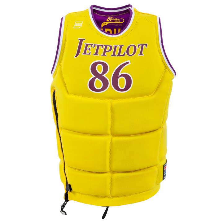 Front view of the Jetpilot Bonifay Baller Comp Vest. #color_gold-purple
