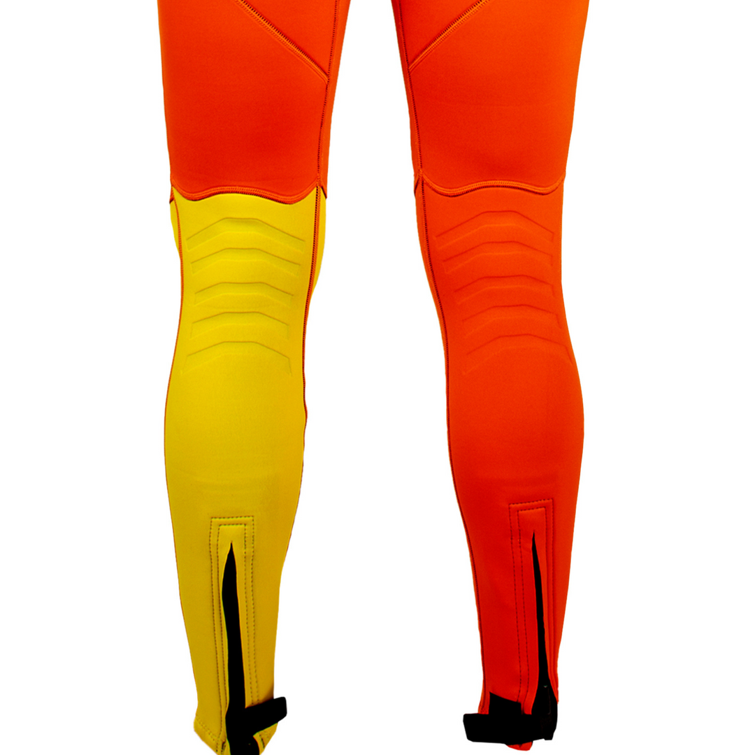 View of the Jetpilot Vintage John Wetsuit Orange White colorway ankle zippers.